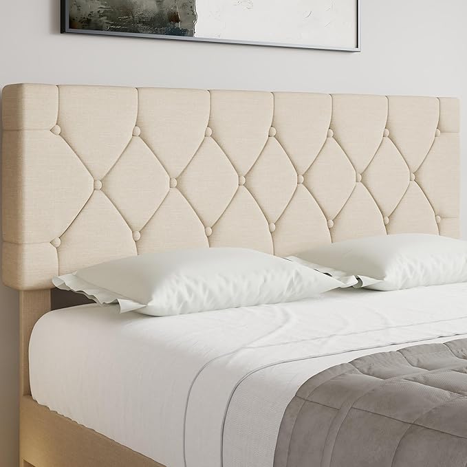 VECELO Queen Bed Frame with Button Tufted Headboard, Upholstered Platform with Wooden Slat Support, No Box Spring Needed, Dark Beige