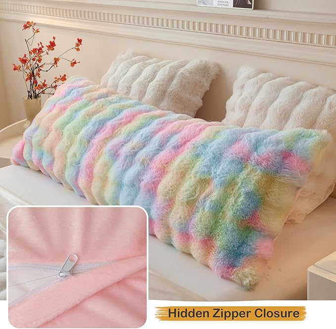 LIFEREVO Fluffy Faux Rabbit Fur Body Pillow Cover, Cozy Tie Dye Bubble Shaggy Plush Bed Body Pillowcase with Zipper Closure, Long 20"x54" Fuzzy Furry Pillow Case for Bedroom Home Decoration, Rainbow