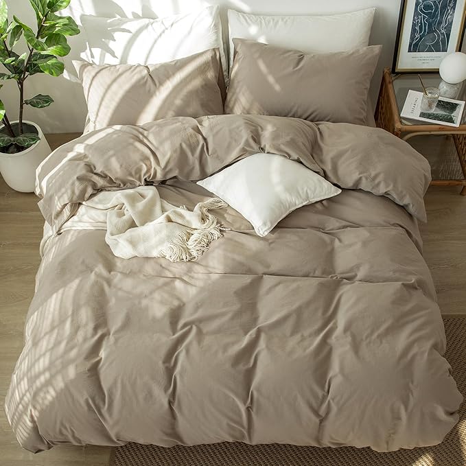 MooMee Bedding Duvet Cover Set 100% Washed Cotton Linen Like Textured Breathable Durable Soft Comfy (Solid Light Camel, Super Queen 90"x98")