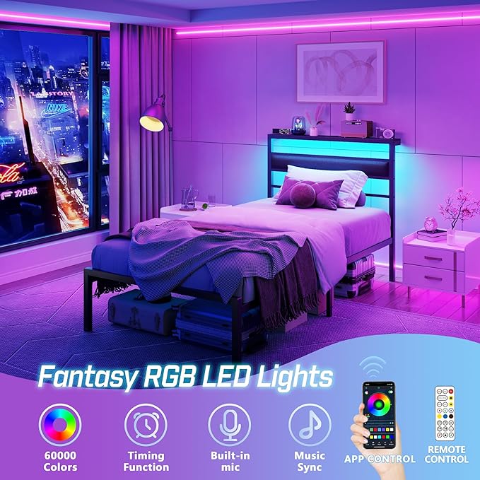 OURPIC Twin Bed Frames for Kids, Metal Platform Bed Frame Twin Size with Charging Station and LED Lights, Upholstered Headboard and Storage Shelf, No Box Spring Needed, Easy Assembly