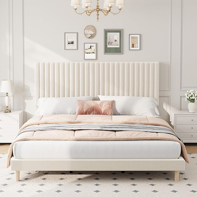 GAOMON King Bed Frame with Adjustable Headboard, Velvet Upholstered Platform King Size Bed Frame, Vertical Channel Tufted, Strong Wooden Slats, No Box Spring Needed, Easy Assembly, Beige