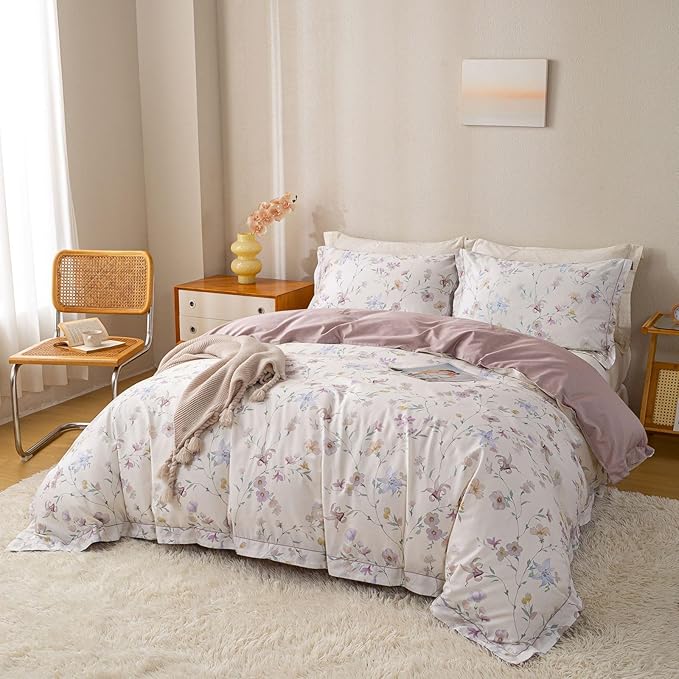 OAITE Duvet Cover Set Twin Size Floral Pattern Ultra Soft 100% Cotton Duvet Cover Sets 3-PC, Breathable Duvet Cover with Zipper Closure & Corner Ties(2 Pillow Shams,1 Duvet Cover)