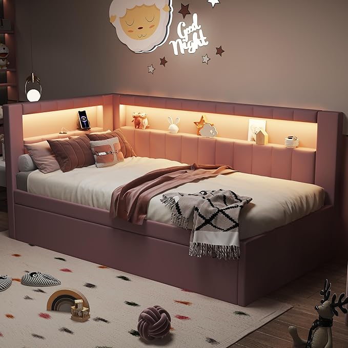 Merax Twin Size Modern Upholstered Platform Bed with USB Ports & Trundle Bed, Floor Daybed with Wood Slat Support, Storage Bed Frame with Headboard/Twin, Pink