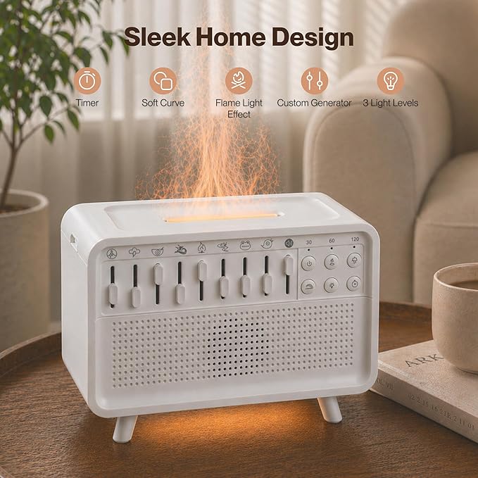 White Noise Machine with 8 Mixable Nature Sounds, Flame Light & Aroma Diffuser – Desktop Sound Machine for Sleep, Office, Yoga & Meditation, with Timer, Bluetooth & USB Power
