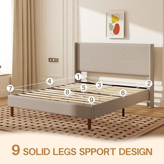 Queen Size Bed Frame, Linen Upholstered Platform with Wingback Headboard, Wooden Slats Support, No Box Spring Needed, Easy Assembly, Beige
