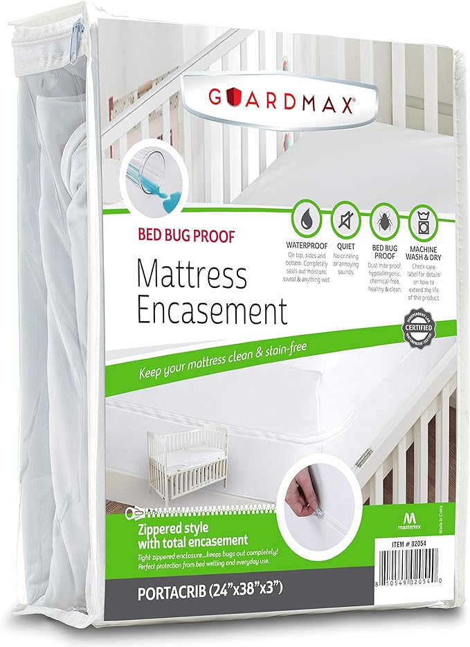 Guardmax Portacrib Mattress Encasement with Zipper, Waterproof, Bed Bug Proof, and Dust Mite Proof Mattress Protector for Portacrib Size Bed up to 3" Deep, Zippered All Around Jersey Knitted Cover