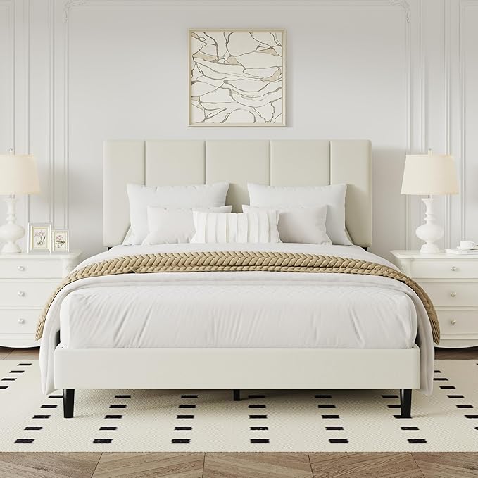 Full Bed Frame, Padded Platform Bed Frame with Velvet Headboard, Vertical Quilted Design, Sturdy Slatted Mattress Base, No Spring Mattress Required, Easy to Assemble, Beige