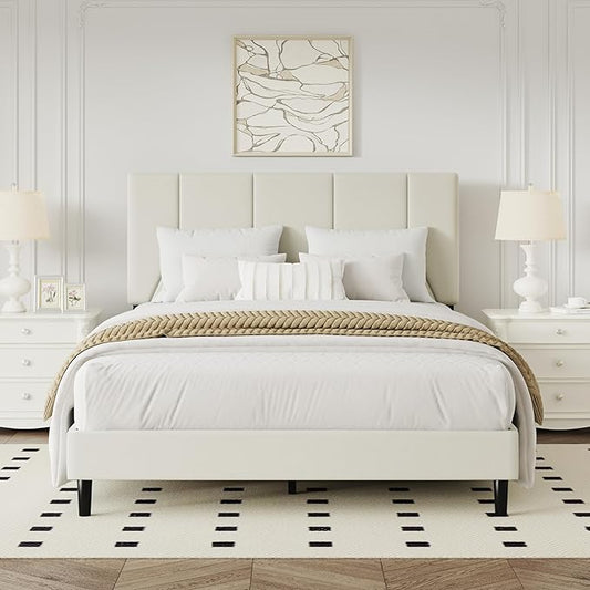 Full Bed Frame, Padded Platform Bed Frame with Velvet Headboard, Vertical Quilted Design, Sturdy Slatted Mattress Base, No Spring Mattress Required, Easy to Assemble, Beige
