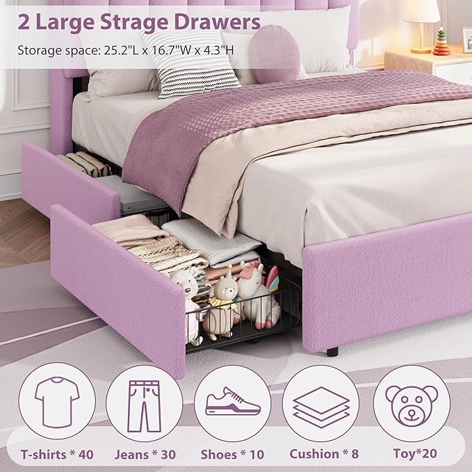 Garvee LED Full Size Bed Frame with Storage Headboard, Kids Bed Frame with 2 Drawers, Boucle Upholstered Platform Bed for Girls, Chic Wavy Headboard with Bookcase, No Box Spring Needed, Purple