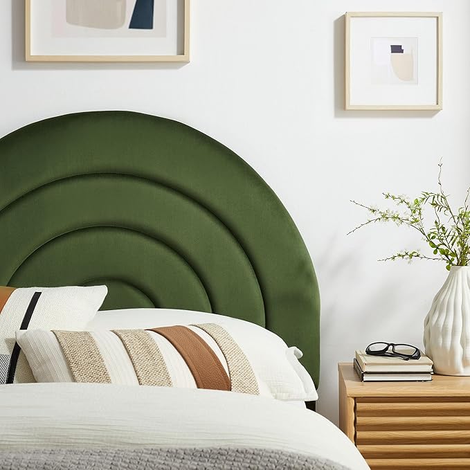 Modway Solana Soft Arch Shaped Round Twin Headboard in Moss Green – Upholstered Headboard – Stain-Resistant Performance Velvet Headboard for Twin Beds