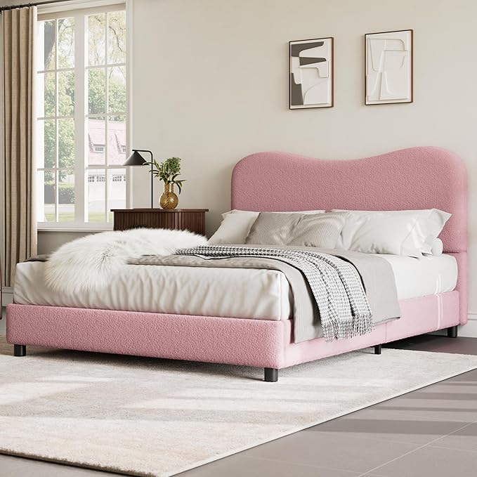 GarveeHome Boucle Queen Bed Frame with Upholstered Headboard, Soft Low Profile Sturdy Platform Bed with Rounded Corners Design, Heavy Duty, Wooden Slats, Noise Free, No Box Spring Needed, Pink