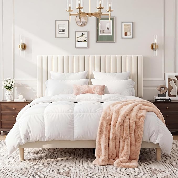 GAOMON Queen Bed Frame with Adjustable Headboard, Velvet Upholstered Platform Queen Size Bed Frame, Wooden Slats Support, No Box Spring Needed, Easy Assembly, Beige