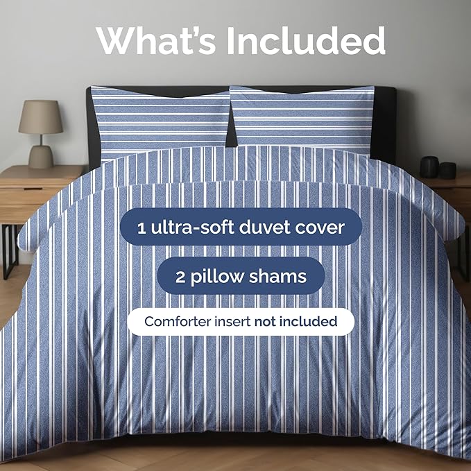 Duvet Cover Full Size Set - Extra Soft Full Duvet Cover 80" x 90" with 2 Pillow Shams - Hotel Luxury, Easy Care & Fade Free with Zipper Closures & Ties - All Season, Comfy & Breathable (Blue Stripes)
