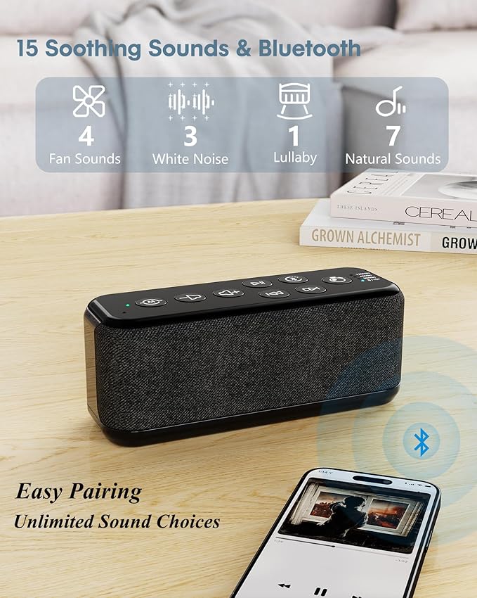 White Noise Sound Machine for Sleep with Bluetooth, 3000mAh Rechargeable, Up to 40 Hours Playtime, Timer, Front-Facing Stereo Sound, for Baby Adults Home Office Travel