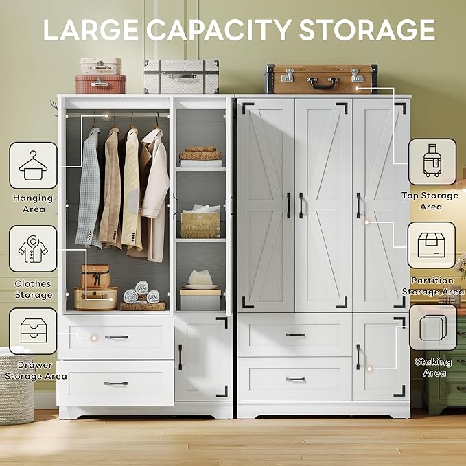LIKIMIO Armoire Wardrobe Closet 71" H, Bedroom Wooden Wardrobe with 4 Doors and 2 Drawers, Farmhouse Clothing Storage Cabinet Combination with Hanging Rod, Shelves, and Hooks, White