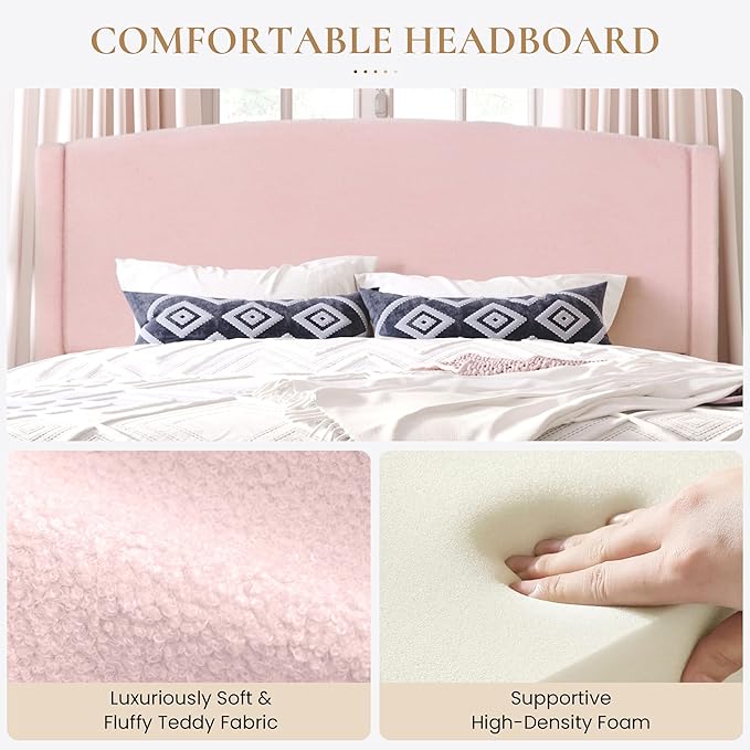 SHA CERLIN King Size Bed Frame with Soft Teddy Fabric, Boucle Upholstered Platform Bed, Curved Headboard Design, Wooden Slats Support, Noise-Free, No Box Spring Needed, Easy Assembly, Pink