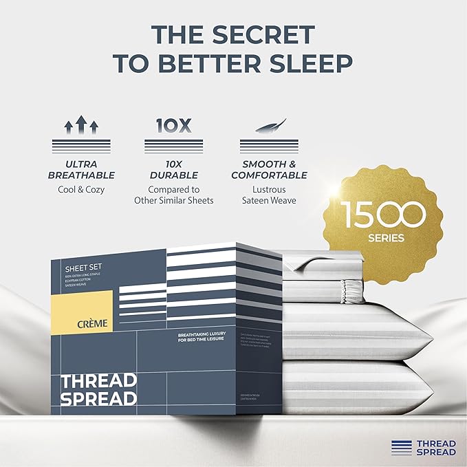 THREAD SPREAD 100% Egyptian Cotton Damask Sheets Queen Size - Luxury 1500 Series Queen Sheet Set Egyptian Cotton (4 PC, White Stripe), Silky Soft, Sateen, Cooling & Breathable, 17" Deep Pocket Bed Set
