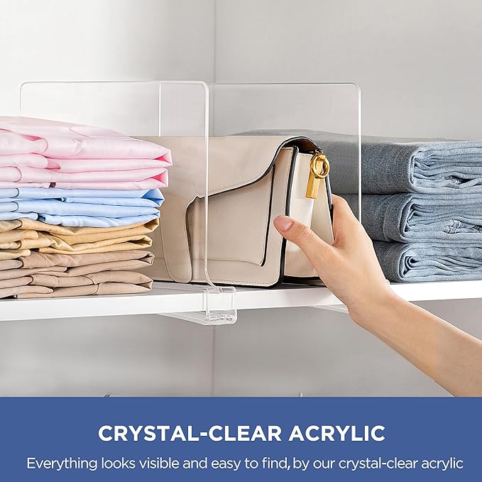 HBlife 𝟭𝟮 𝗜𝗻𝗰𝗵𝗲𝘀 𝗧𝗮𝗹𝗹 [𝗘𝘅𝘁𝗿𝗮 𝗧𝗮𝗹𝗹 𝗩𝗲𝗿𝘀𝗶𝗼𝗻] Clear Shelf Dividers, 2 Pack Purse Organizer for Closet Perfect for Sweater, Shirts, Handbags, Acrylic Bookshelf for Organization