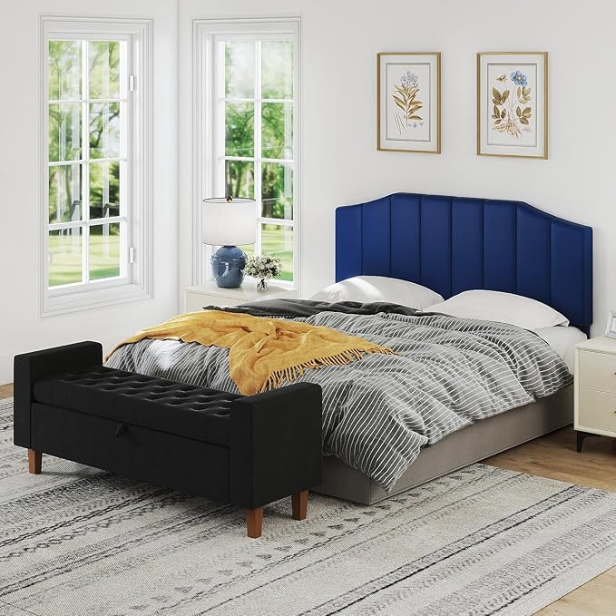 Furpopup Velvet Queen Size Headboard, Upholstered Headboard Queen/Full Size Wall Mount and Bed Frame Mount, Featuring High-Density Sponge Padding Luxury Texture Easy Assembly Comfort Style-Navy Blue