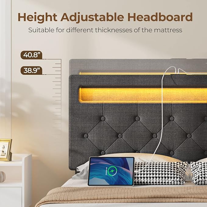 Rolanstar Queen Bed Frame with 4 Storage Drawers and Charging Station, Queen Bed with Led Lights, 2 USB & 1 Type C, Adjustable Headboard 38.9/40.9 Inches, No Box Spring Needed, Dark Gray