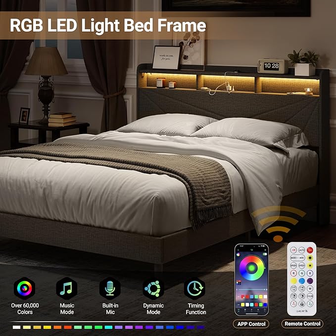 COLAMY Queen Bed Frame with Charging Station & LED Lights, Upholstered Headboard with 2-Tier Storage, Heavy Duty Metal Platform Bed with Wood Slats, No Box Spring, Noise-Free, Easy Assembly, Grey
