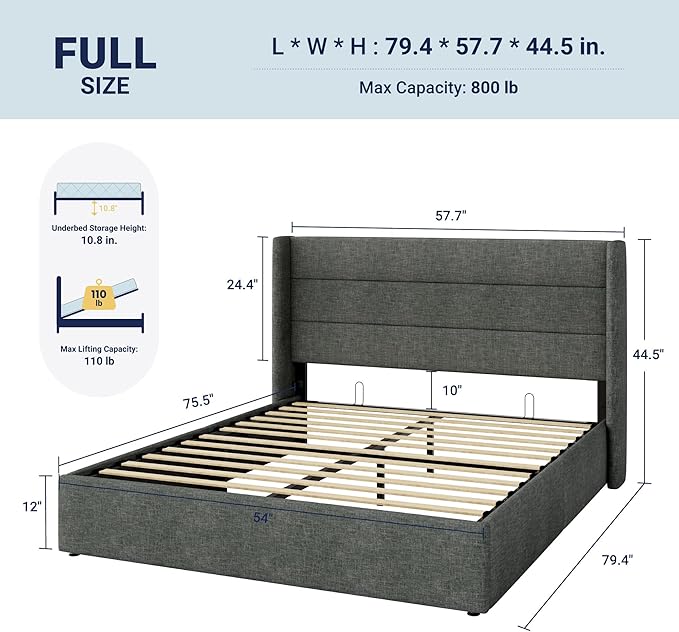 Allewie Full Size Lift Up Storage Bed, Modern Wingback Headboard, Hydraulic Support, No Box Spring Needed, Dark Grey