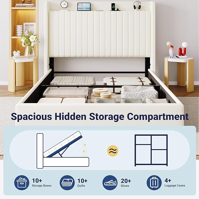 Allewie Full Size Lift Up Storage Bed Frame,Storage Shelf Headboard with Charging Station,Type-C and USB Ports,Hydraulic Support,Velvet Upholstered Bed Frame,No Box Spring Needed,Cream