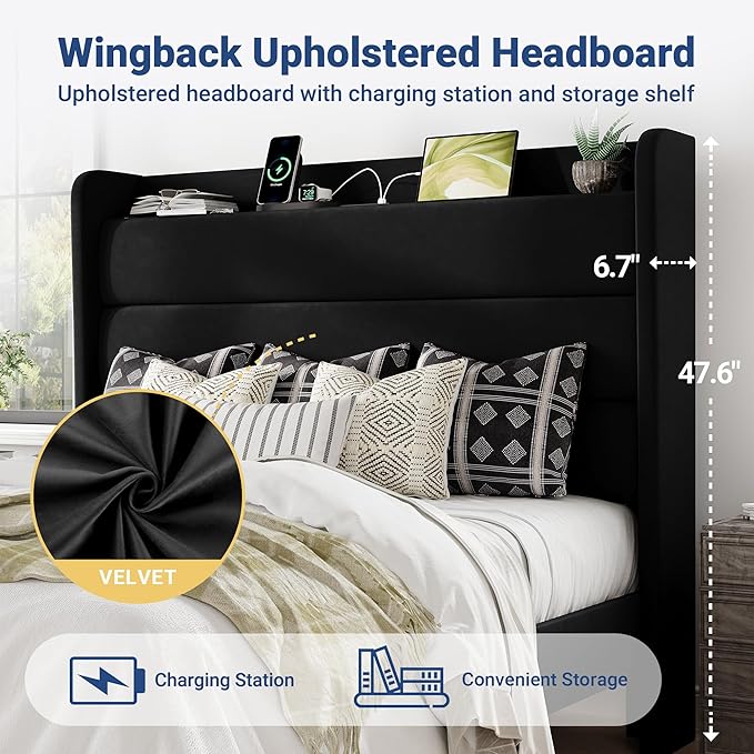 Allewie Full Size Upholstered Bed Frame with Charging Station & Storage Headboard, Soft Velvet Wingback Platform Bed, Strong Wooden Slats Support, No Box Spring Needed, Easy Assembly, Black