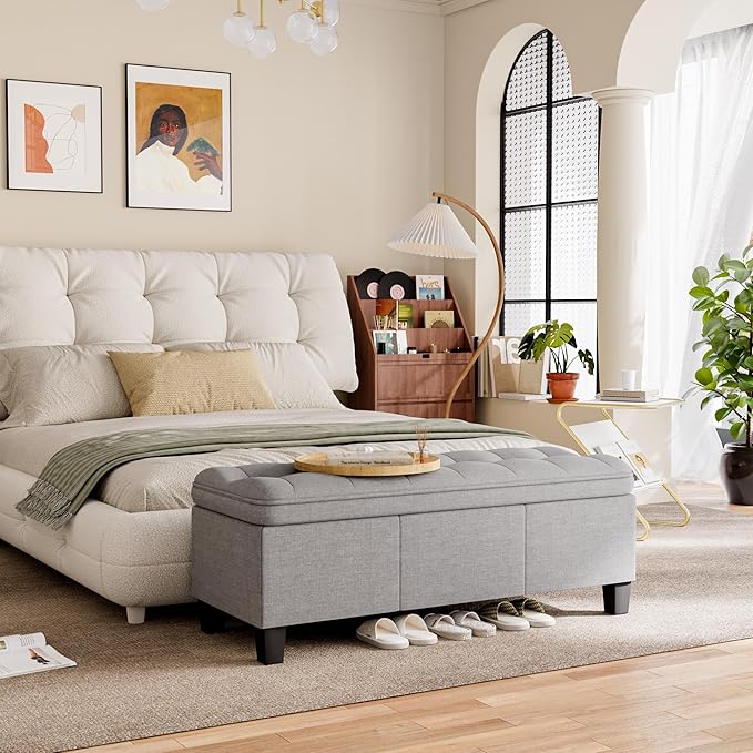 YESHOMY 47 Inches Ottoman with Storage, Storage Bench with Legs, Ottomans for Living Room, Entryway, Adjustable & Movable, Easy Assembly, Light Grey Linen