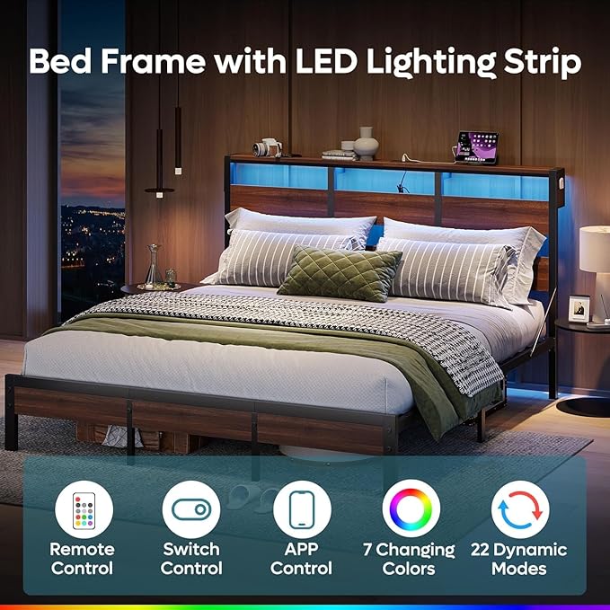 Bestier King Size Bed Frame with Headboard and Charging Station,Platform King Bed Frame with LED Light, Non-Slip Metal Bed Frame, Noise-Free, Easy Assembly,Walnut