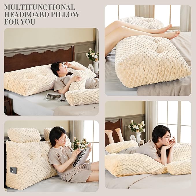 Wedge Headboard Pillow - Bed Wedge Pillow for Headboard Triangular Headboard Pillow with Neck Roll Pillow-Large Bolster Pillow for Sitting in Bed Backrest Positioning Support (Beige,39x8x20 Inches)