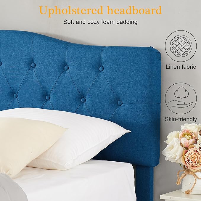 VECELO Full Size Platform Bed Frame with Fabric Upholstered Headboard and Wooden Slats Support, No Box Spring Needed/Easy Assembly,Blue