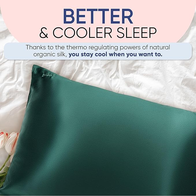 Blissy Silk Pillowcase - 100% Pure Mulberry Silk - 22 Momme 6A High-Grade Fibers - Silk Pillow Cover for Hair & Skin - Regular, Queen & King (Emerald, King)