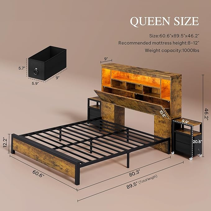 DWVO Queen Size Bed Frame with Storage Bookcase Headboard & RGB LED Lights, Slide Out Bedside Storage, Charging Station, Heavy Duty Metal Slats, No Box Spring Needed, Noise-Free, Rustic Brown