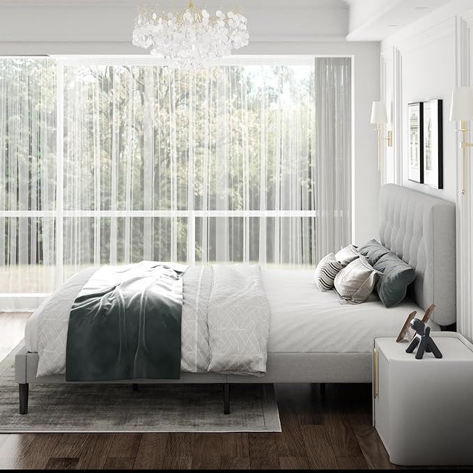 CXVX King Size Platform Bed Frame with Upholstered Headboard, Button Tufted Design, Strong Wooden Slats, No Box Spring Needed, Easy Assembly, Noise Free