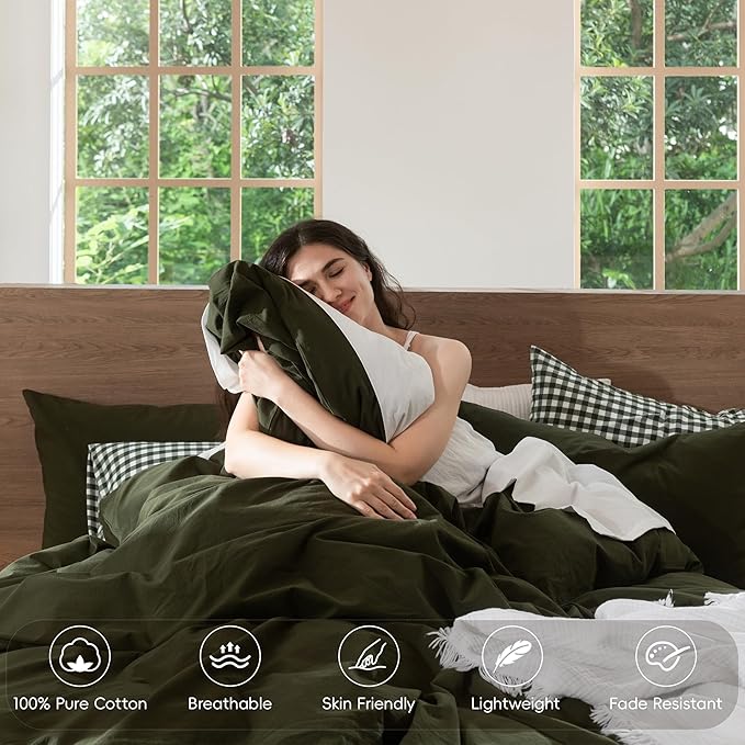 MooMee Bedding Duvet Cover Set 100% Washed Cotton Linen Like Textured Breathable Durable Soft Comfy (Solid Olive Green, Super King 108"x98")