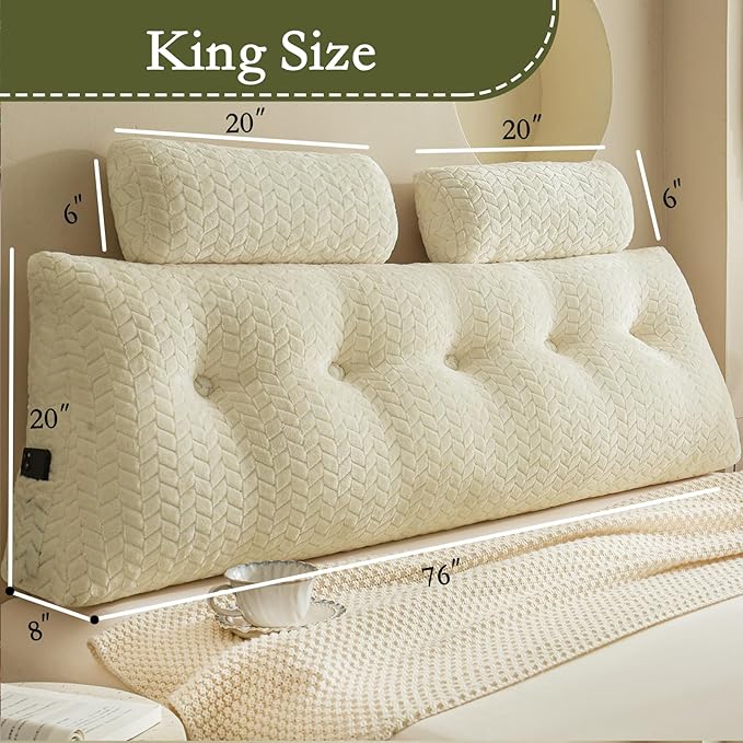 YOUR MOON Wedge Headboard Pillow King Size, Triangular Wedge Backrest Pillow with 1 Pack Neck Roll Pillows, Headboard Pillow for Bed,Daybed,and Lounging, Large Bed Bolster Pillows,Off White