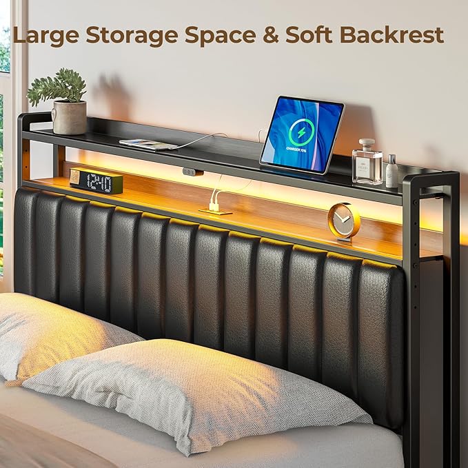 Rolanstar Headboard for King Size Bed with Storage, 60,000 DIY Color of LED Light, Head Board with USB & Type C Port, Height Adjustable, Black Upholstered Cabeceras de Cama Comfortable Modern, Leather