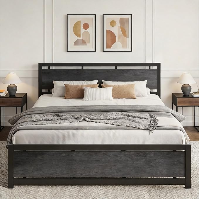 LIKIMIO California King Bed Frame with Headboard and Footboard, Metal Strong Supports, Easy Assembly, Noise-Free, No Box Spring Needed, Charcoal Grey