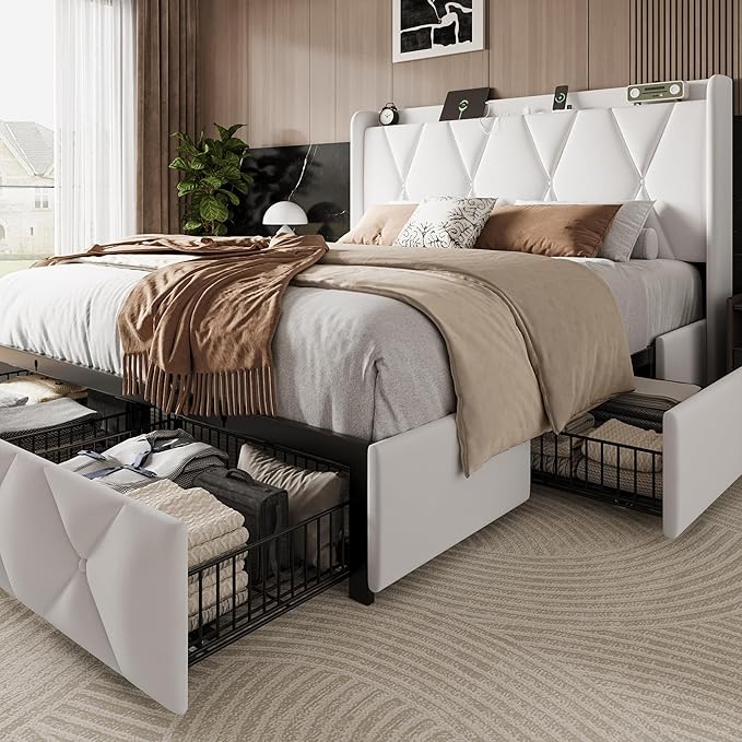 Einhomn Queen Bed Frame with 4 Storage Drawers and Charging Station, Upholstered Platform Bed Frame with Storage Headboard, No Box Spring Needed, Easy Assembly, White