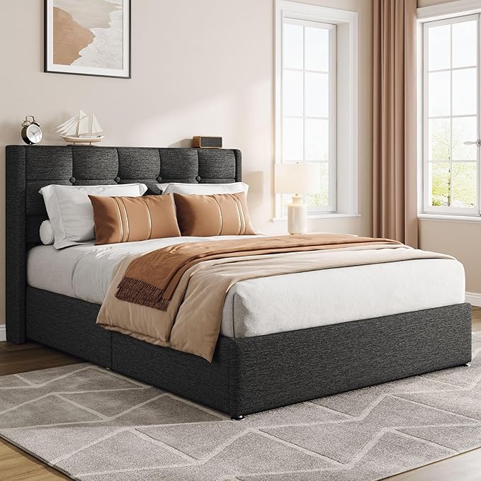 Lift Up Full Size Bed Frame with Storage, Upholstered Full Bed Frame with Wingback Headboard, No Box Spring Needed, Easy Assembly - Dark Grey