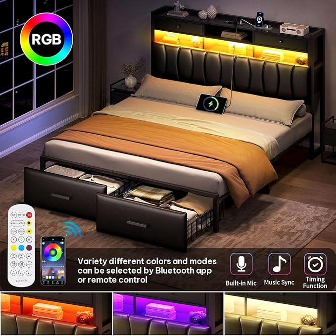 YITAHOME Queen Size with 2 Storage Drawers and Charging Station, Upholstered Bed with Storage Headboard and LED Light, Heavy Duty Metal Support, No Box Spring Needed, Noise Free, PU Leather Black