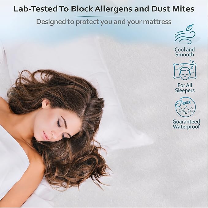 PlushDeluxe Queen Mattress Protector, Breathable Soft Terry Cotton Fitted Sheet Bed Cover with Deep Stretchable Pockets, 100% Waterproof, Noiseless, Hypoallergenic, Dust Mite Proof, 60"x80"x15"