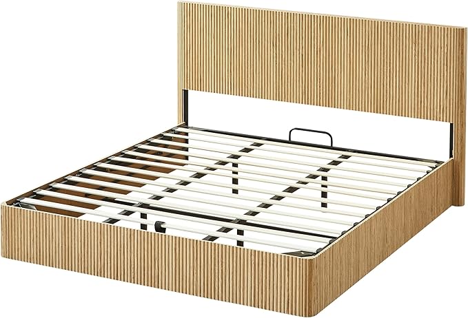 Bellemave King Size Lift Up Storage Bed, Oak Wood Lift Up Bedframe King, Wooden Corrugated Curved Lines, Hydraulic Storage,Oak