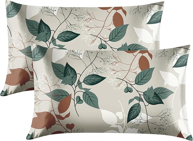 EXQ Home Satin Pillowcase for Hair and Skin King - Printed Green Leaves Silk Pillowcase 2 Pack 20x40 inches - Satin Pillow Cases Set of 2 with Envelope Closure, Gifts for Women Men