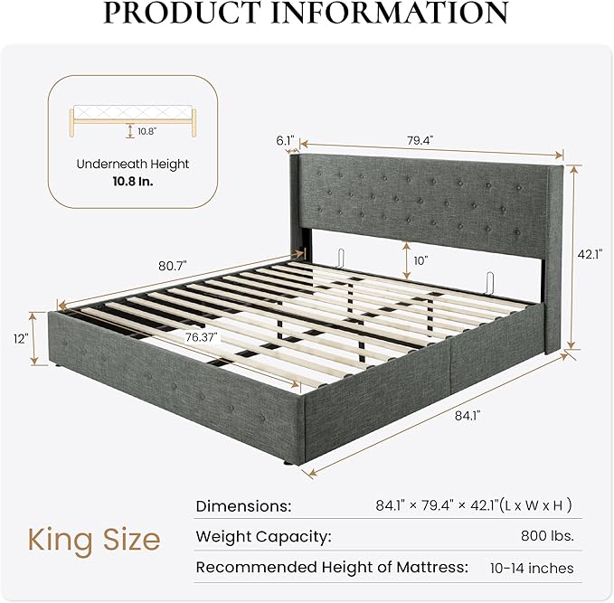 SHA CERLIN King Size Lift Up Storage Bed Frame,Button Tufted Wingback Headboard,Upholstered Platform,Hydraulic Storage,Wooden Slat Support,No Box Spring,Dark Grey