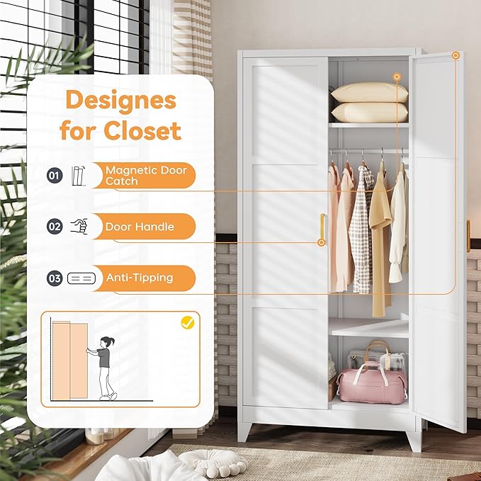 INTERGREAT 71” H Metal Wardrobe Cabinets with 2 Doors, Large Clothing Storage Cabinets with Hanging Rod and Adjustable Shelves, Closet for Home Living/Laundry Room/Department (White)