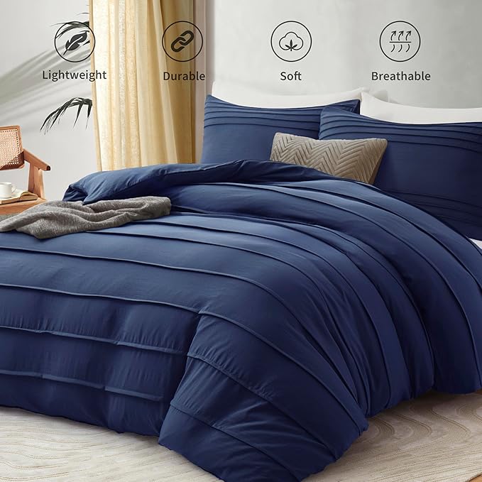 Oli Anderson Navy Blue Duvet Cover King Size - Pleated King Duvet Cover, 3PCS Soft and Breathable Textured Bedding Set with Zipper Closure(Navy Blue,104"x90")