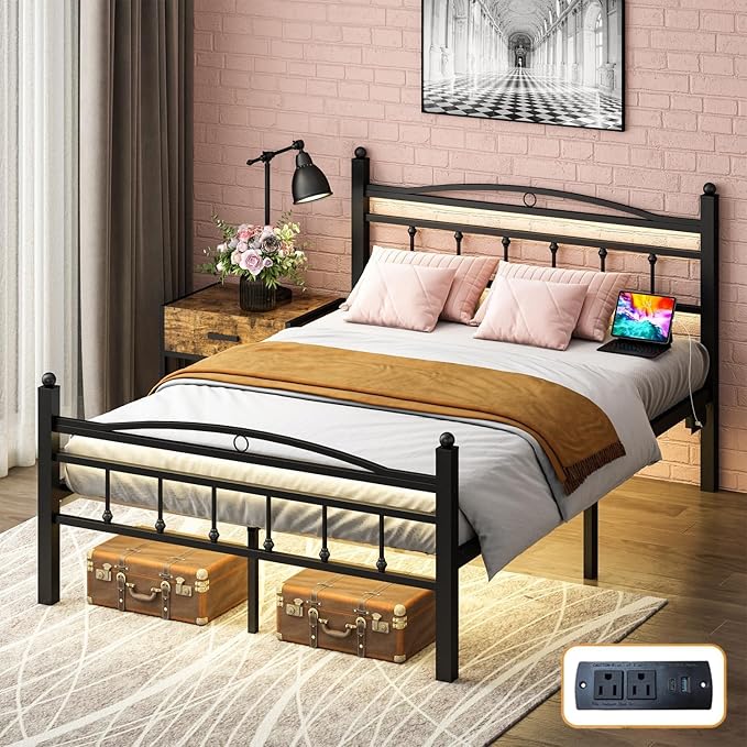 Jenmit Full Size Bed Frame with Headboard,Metal Platform Bed Frame with Charging Station & LED Lights,12in Storage Space Under Bed, No Box Spring Needed, Noise Free, Easy Assembly, Black