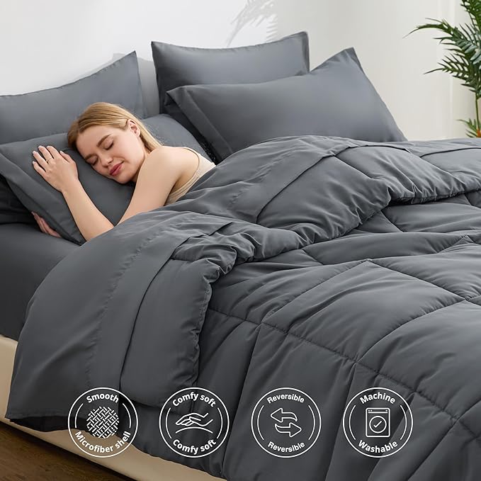 Love's cabin California King Comforter Set Soot Grey, 7 Pieces California King Bed in a Bag, All Season Bedding Sets with 1 Comforter, 1 Flat Sheet, 1 Fitted Sheet, 2 Pillowcase and 2 Pillow Sham | Soft, Breathable, Lightweight, Comfortable